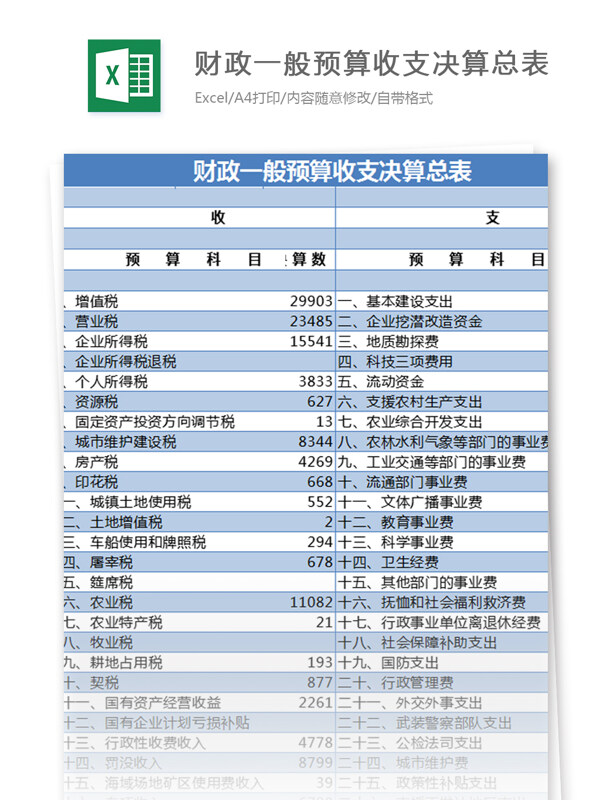 财政一般预算收支决算总表excel模板