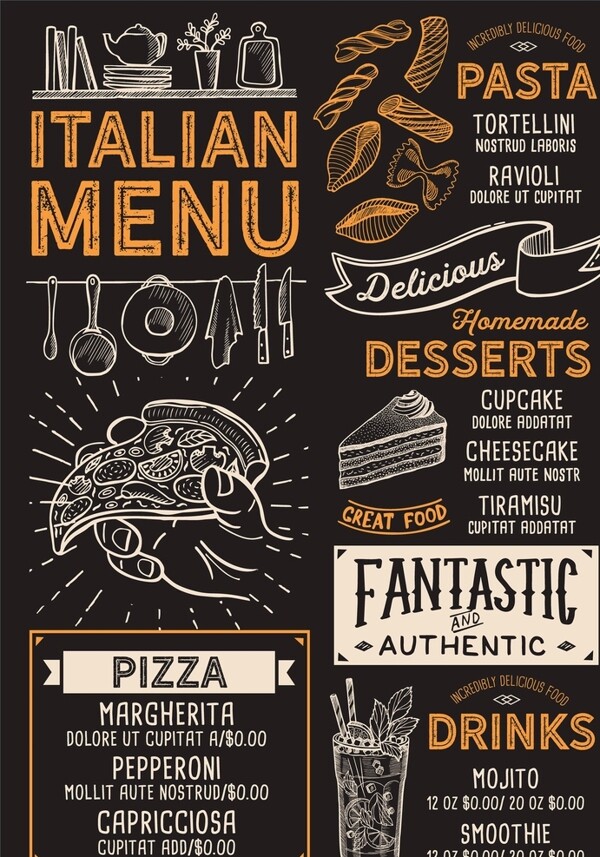 复古手绘披萨创意菜单模板
