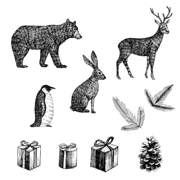 黑白圣诞节动物和礼物元素