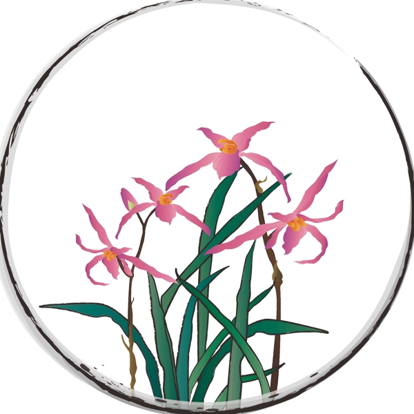 手绘水墨中国风兰花花卉植物圆形边框元素