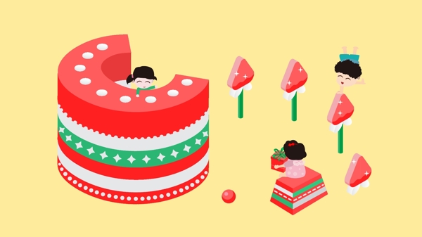 25D千层草莓蛋糕字母C插画