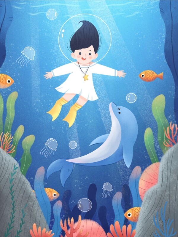 治愈系海底插画世界海洋日女孩与海豚