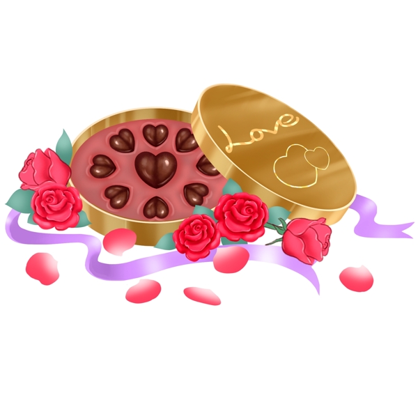 情人节打开的盒子心形巧克力玫瑰花