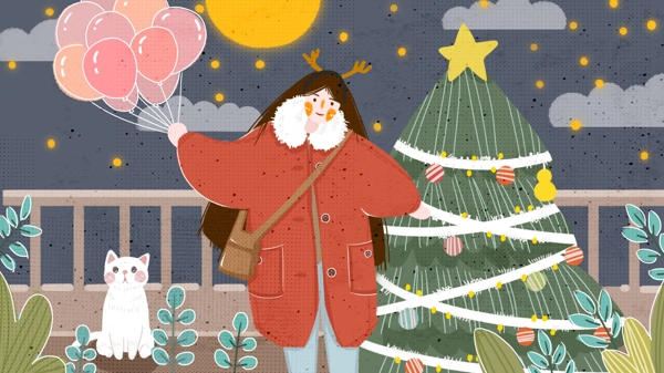 复古肌理手绘圣诞节站在圣诞树旁的女孩插画
