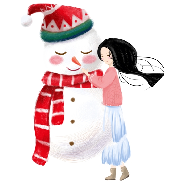 可爱手绘堆雪人的女孩素材