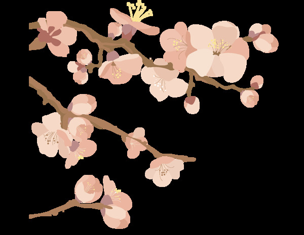 中式粉色水墨国画桃花png元素
