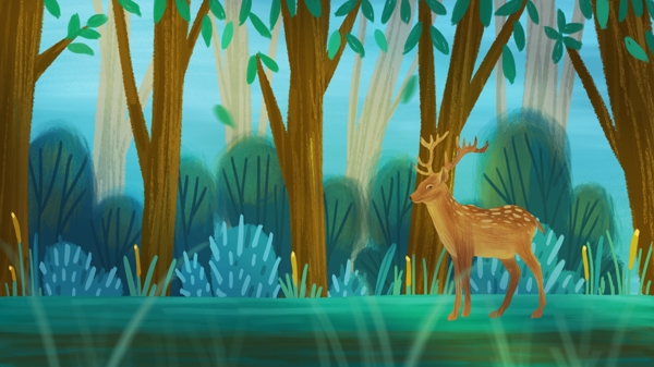 小清新治愈系森林中的鹿手绘插画