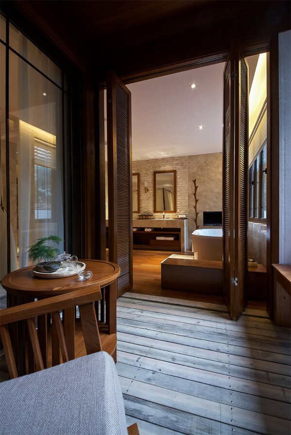 中式清新客厅褐色圆茶几室内装修效果图