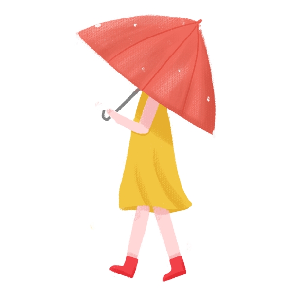 手绘卡通撑着红雨伞的女孩元素