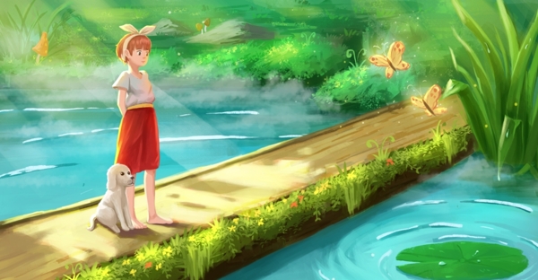 人物少女池塘插画卡通背景素材