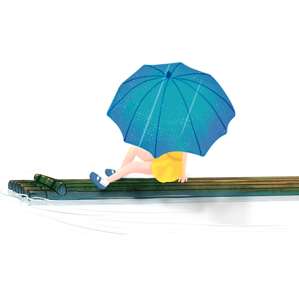 手绘坐在竹筏上撑着伞的女孩