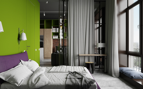 现代时尚卧室绿色背景墙室内装修效果图