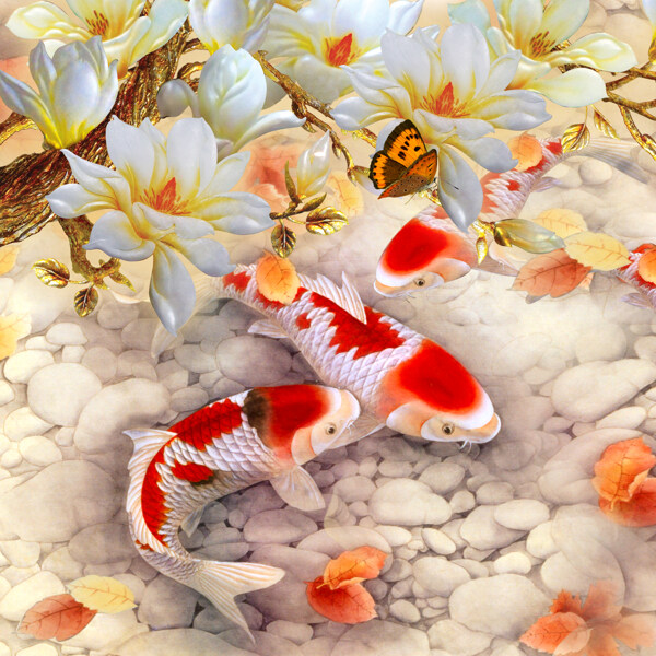 落叶鲤鱼鲜花装饰画