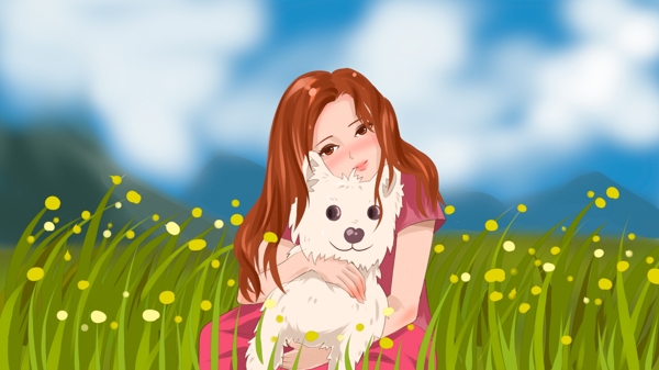 萌宠在田野里抱着狗狗的女孩原创插画