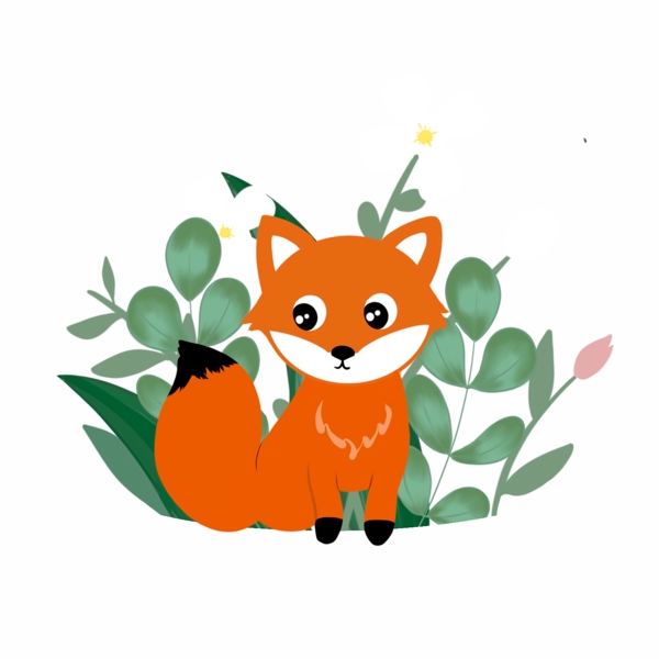 花丛旁的狐狸插画图片