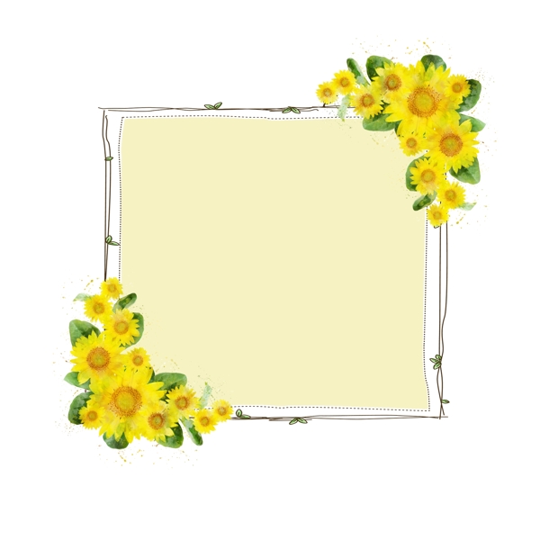 手绘黄色方形植物花卉向日葵边框元素