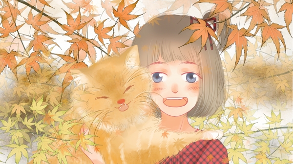 可爱清新枫树下抱着猫的小女孩