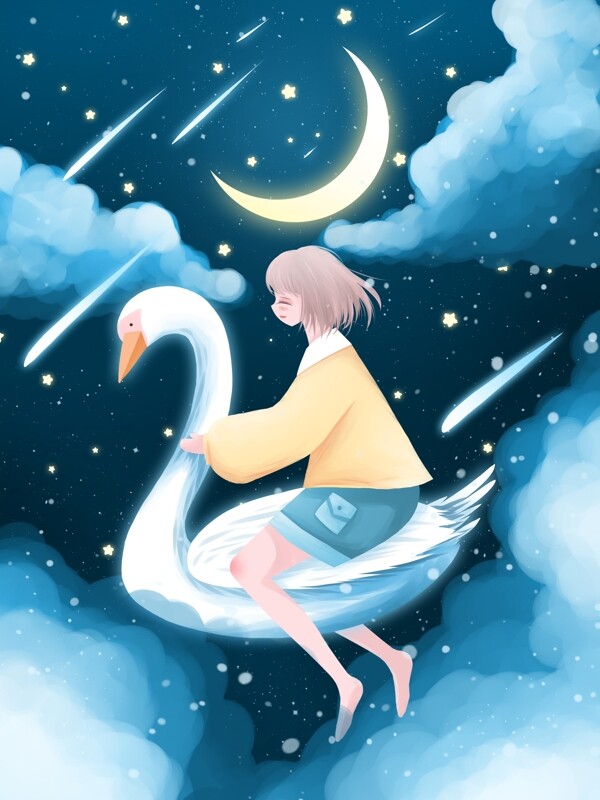 小清新梦幻星空插画星空上的天鹅和女孩