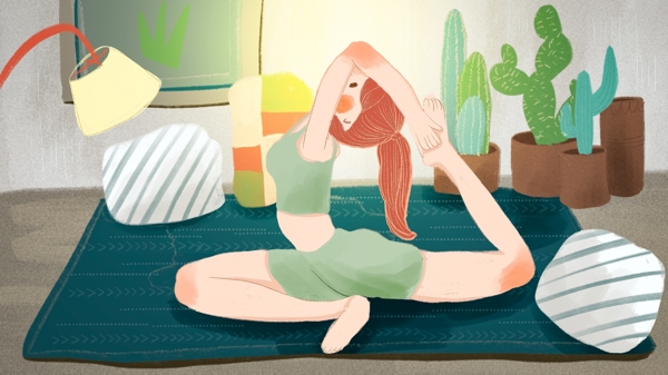 瑜伽健身女生减肥锻炼清新插画配图