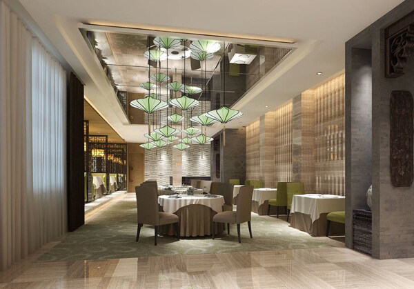 中式简约餐饮商业空间大厅效果图设计