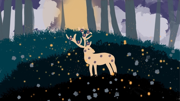 夏天夜晚林中的鹿
