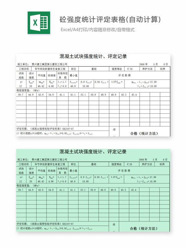 砼强度统计评定表格自动计算