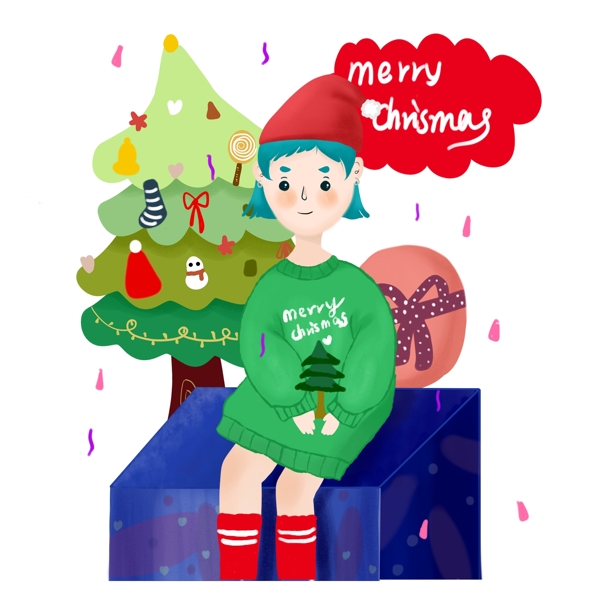 圣诞节女孩过圣诞节圣诞树商业插图插画手绘女生创意