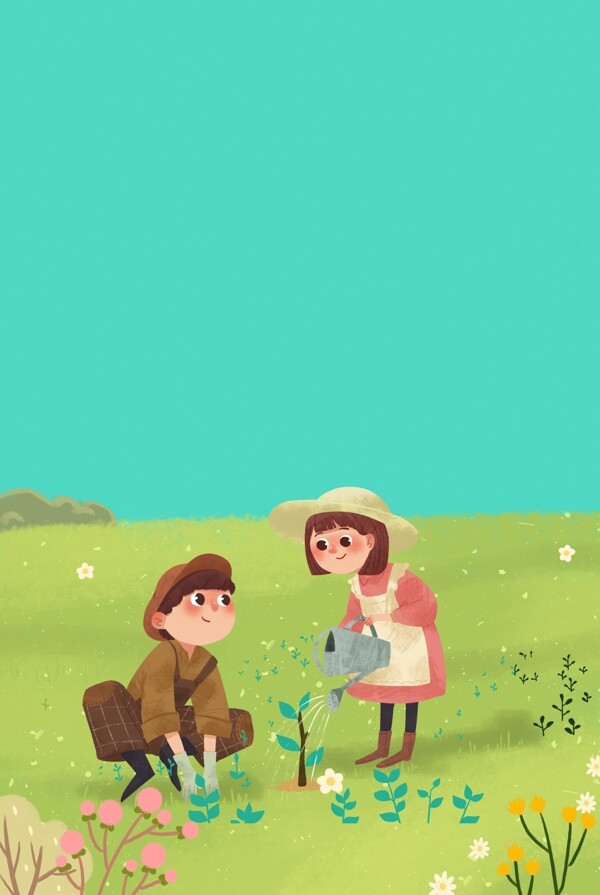 儿童种树植树节插画海报