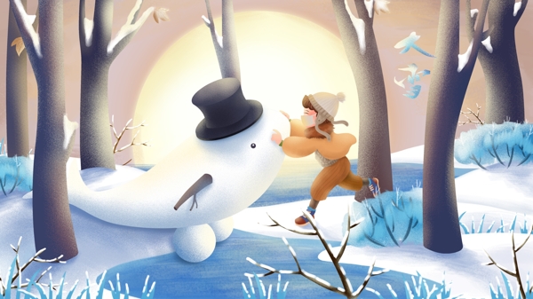 原创手绘插画二十四节气大雪儿童玩雪