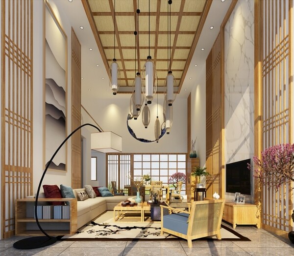 中式loft现代客厅3D模型