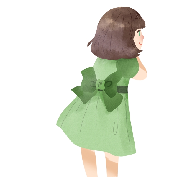 卡通可爱穿绿色裙子的儿童背影设计