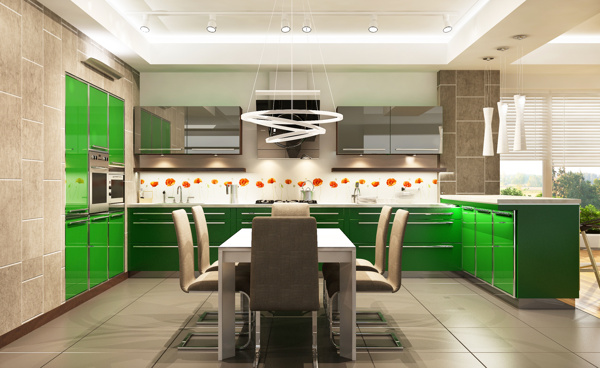厨房桌椅与绿色的橱柜高清图片