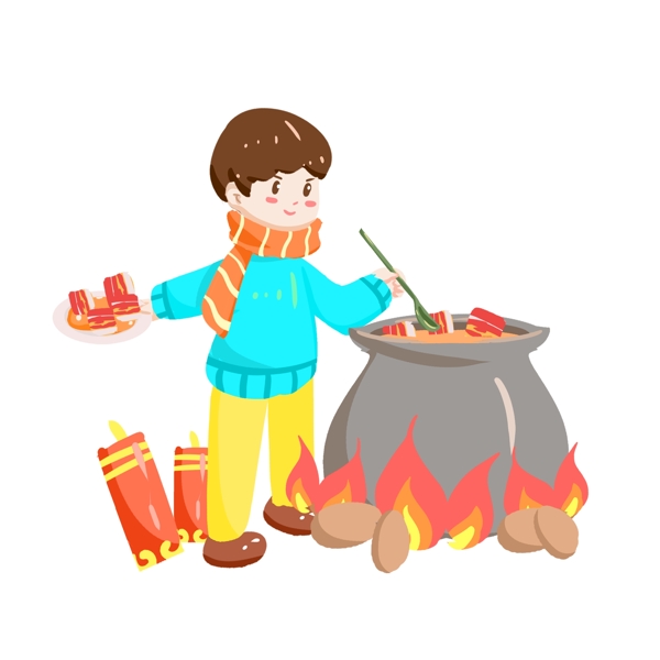 传统习俗小女孩炖大肉手绘插画