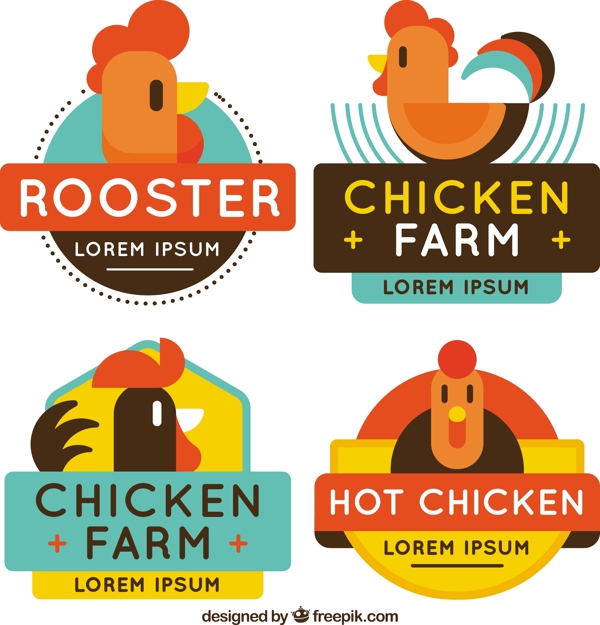 各种彩色鸡肉鸡插图标志标签图标