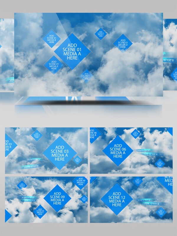 天空白云中漂浮着的方形图片展示ae模板