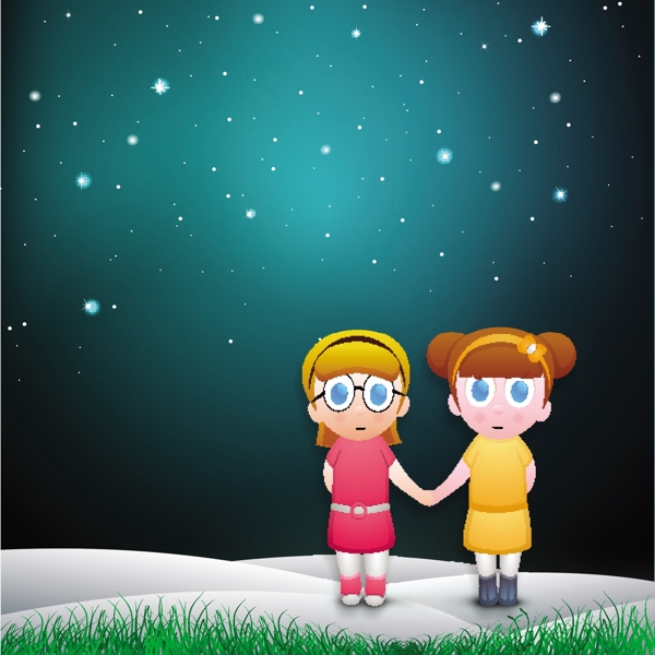 快乐友谊日背景与可爱的小女孩在晚上握手