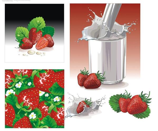 动感牛奶与草莓矢量素材图片