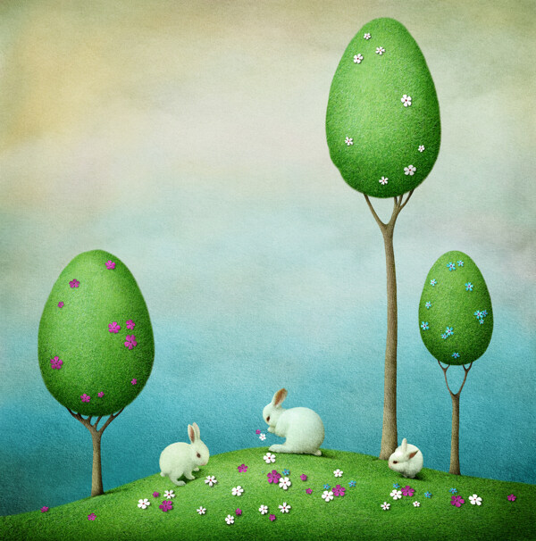 兔子草地绿树梦幻世界图片