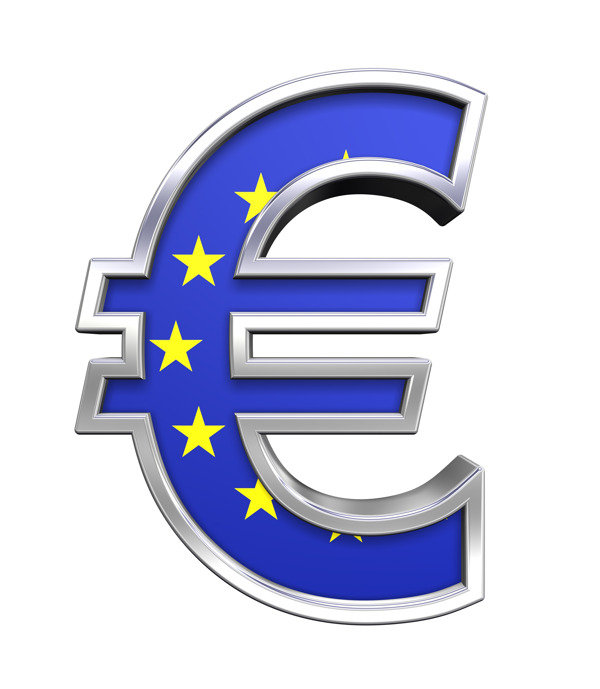 欧盟旗帜的白色隔离银欧元符号