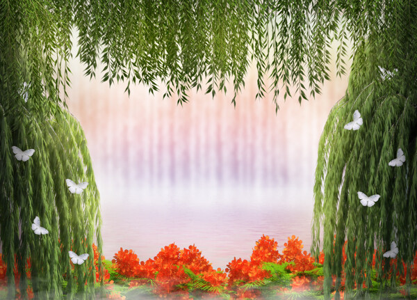 美丽柳树与鲜花背景图片