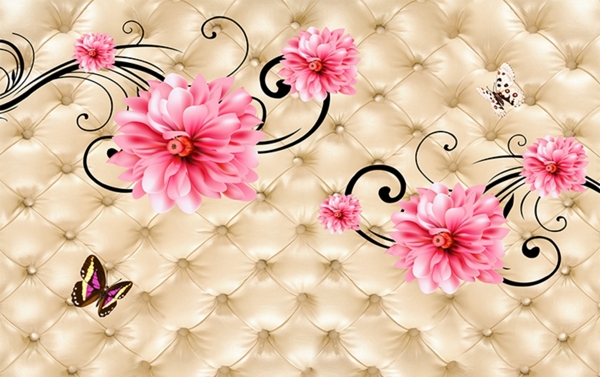 粉色花朵花纹软包电视背景墙