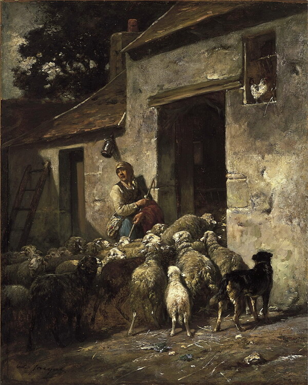 进门的羊群和牧羊人油画图片