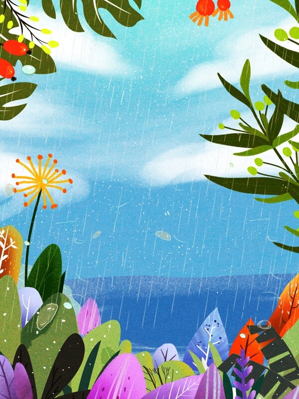 雨季河边植物风景插画背景