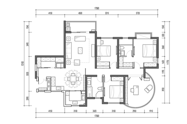 CAD三室两厅户型平面布置方案