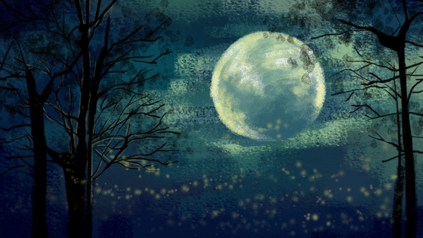夜晚蓝色天空中的白色月亮树林卡通背景