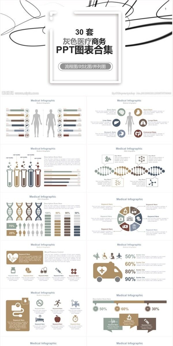 30套灰色医疗商务PPT图表合集