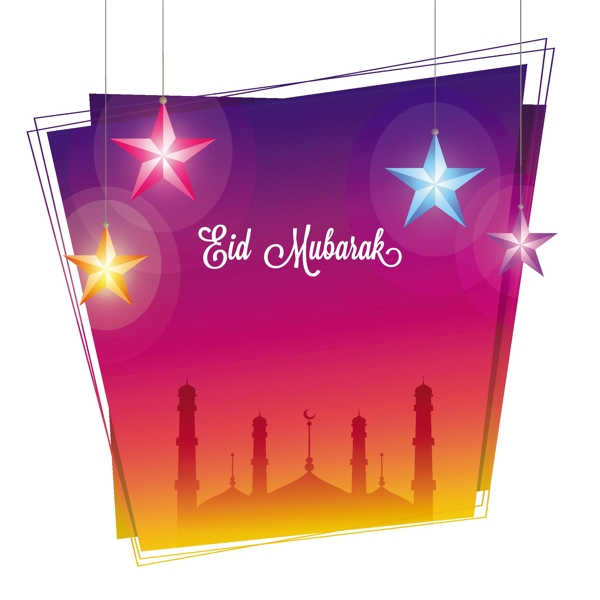 EidMubarak贺卡设计清真寺色彩鲜明挂星装饰华丽