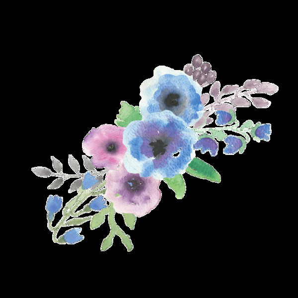 蓝粉花丛透明装饰素材
