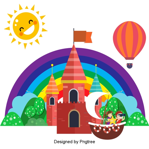 美丽的酷卡通可爱的手绘城堡彩虹太阳