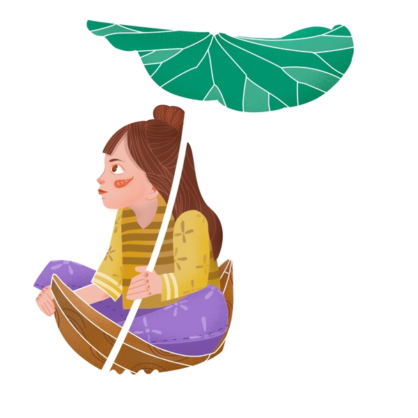 手绘复古肌理坐船撑伞的女孩